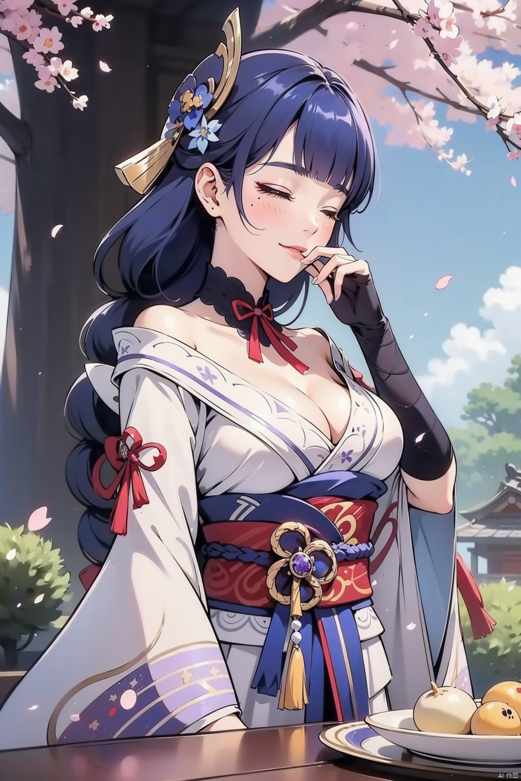 raiden shogun, 1girl, food, sash, japanese clothes, breasts, obi, hand on own face, wagashi, closed eyes, purple hair, solo, hand on own cheek, cleavage, hair ornament, bridal gauntlets, bottle, obiage, kimono, obijime, armor, bangs, mole under eye, tomoe \(symbol\), blush, smile, holding, mitsudomoe \(shape\), dango, sparkle, cherry blossoms, sky, day, outdoors, mole, onigiri, wide sleeves, plate, blurry, eating, long hair, cup, ^_^, long sleeves, petals, blunt bangs, shoulder armor, cloud, vision \(genshin impact\), tree, closed mouth, purple kimono, blue sky, facing viewer, holding bottle, braid, large breasts