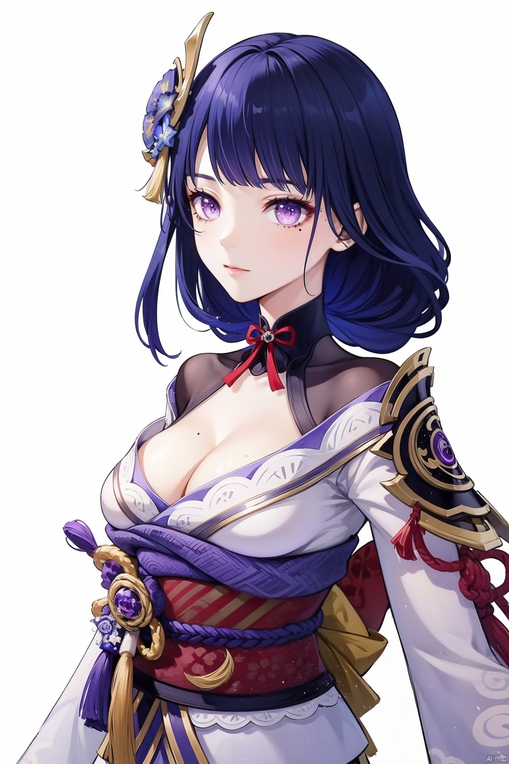  raiden shogun, solo, 1girl, breasts, long hair, looking at viewer, purple eyes, japanese clothes, cleavage, purple hair, white background, bangs, sash, hair ornament, braid, obi, ribbon, obiage, kimono, simple background, closed mouth, armor, shoulder armor, purple flower, obijime, tassel, wide sleeves, long sleeves, flower, bridal gauntlets, mole under eye, mole, large breasts, floral print, tomoe \(symbol\)