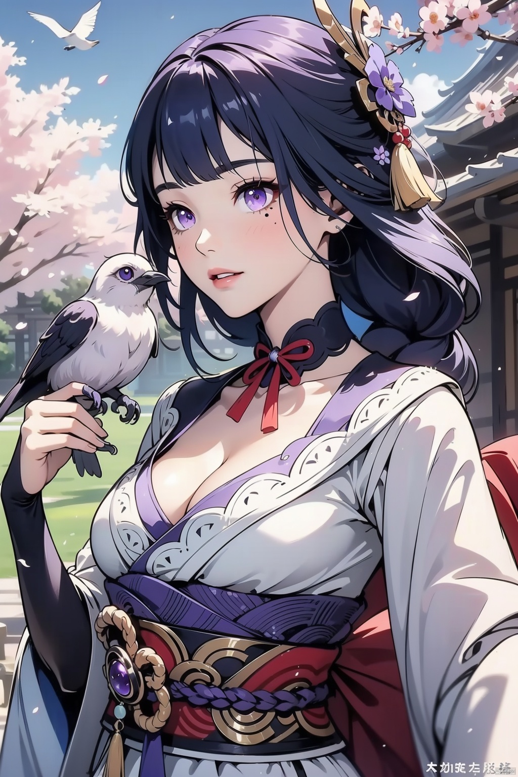 raiden shogun, 1girl, purple hair, purple eyes, japanese clothes, bird, mole, long hair, mole under eye, kimono, hair ornament, breasts, solo, obi, sash, book, holding, bangs, holding book, cleavage, copyright name, cherry blossoms, petals, parted lips, bird on hand, braid, wide sleeves, bridal gauntlets, flower, braided ponytail, obiage, obijime, tassel, purple kimono, tomoe \(symbol\), long sleeves, mitsudomoe \(shape\), armor, upper body