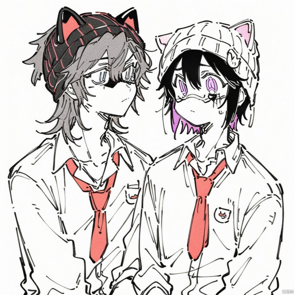  (line-drawing-style),(masterpiece,best quality),(BOY, male, pretty male), boy with messy black hair, purple eyes with red pupils, white school button up, loose red tie, (colored sketchy style),
, lovesick boy, eyebags, (Cute beanie with fake cat ears)