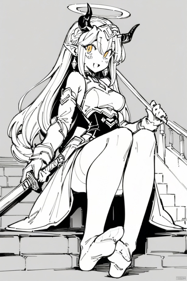 (line-drawing-style),(masterpiece,best quality),monochrome, greyscale,grey background, masterpiece, best quality, 1girl, no shoes, solo, pantyhose, white pantyhose, soles, pointy ears, feet, long hair, breasts, weapon, white gloves, very long hair, gloves, sword, toes, holding, smile, multicolored hair, hair between eyes, looking at viewer, :d, holding weapon, holding sword, braid, stairs, detached sleeves, open mouth, blush, yellow eyes, blonde hair, horns, sitting, streaked hair, medium breasts, thighband pantyhose, legs, halo, long sleeves, white hair, grey hair, full body, small breasts, headpiece, bare shoulders, earrings, gold trim, forehead jewel, foot focus, orange eyes