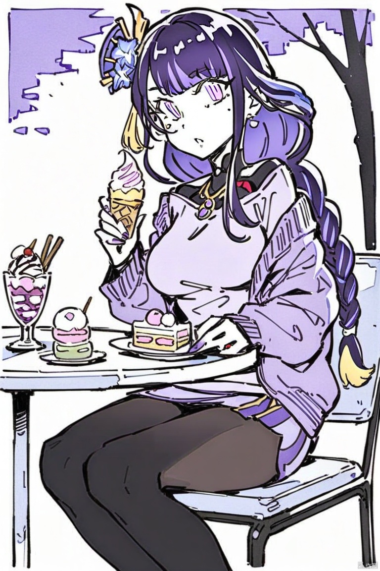  (line-drawing-style),(masterpiece,best quality),macaron, 1girl, food, wagashi, solo, raiden shogun, purple skirt, dango, sweater, purple eyes, braided ponytail, mole under eye, purple hair, skirt, pantyhose, ice cream, turtleneck, hair ornament, sitting, sanshoku dango, tomoe \(symbol\), breasts, jewelry, long hair, parfait, braid, looking at viewer, mitsudomoe \(shape\), sweets, holding, necklace, bangs, mole, ice cream cone, purple nails, earrings, purple jacket, long sleeves, open clothes, bag, turtleneck sweater, open jacket, off shoulder, black pantyhose, nail polish, jacket, outdoors, hair flower, day, cake, flower, large breasts, very long hair, alternate costume, ribbed sweater, table, dessert, chair, purple flower, sleeves past wrists, parted lips, open mouth, holding food, purple sweater, knees together feet apart, tree