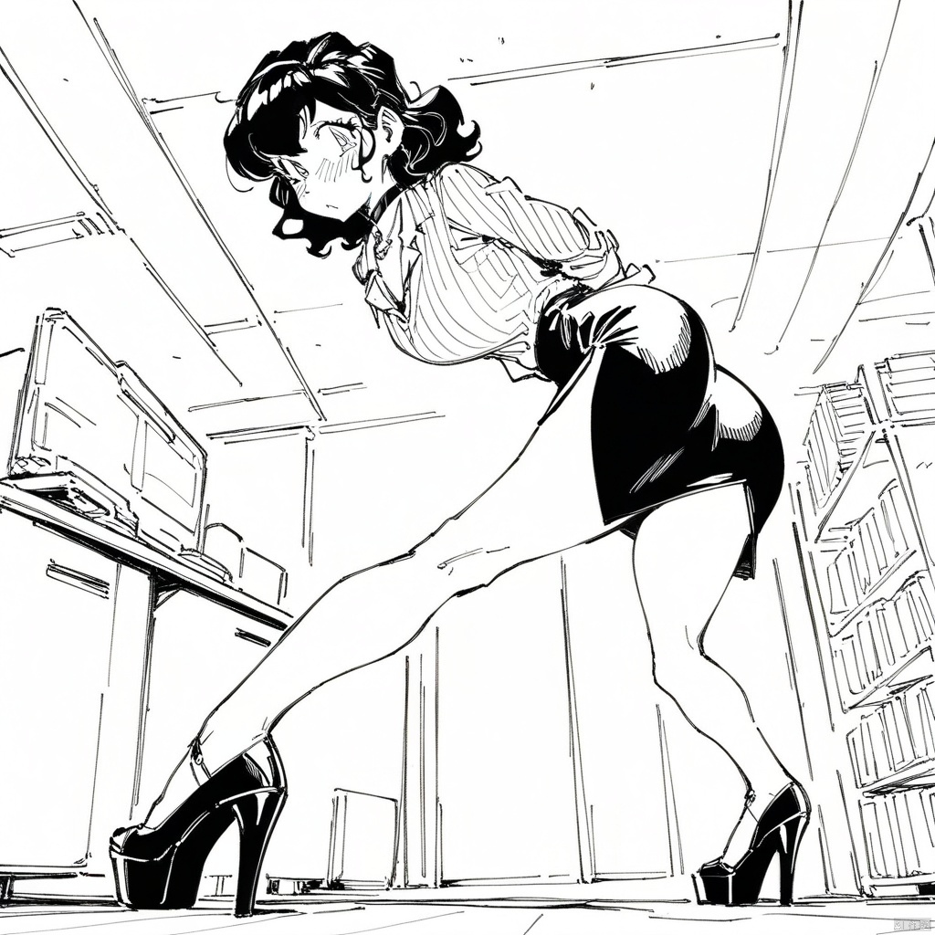 (line-drawing-style),(masterpiece,best quality),monochrome, greyscale,twink, wavy hair, dark brown hair, hazel eyes, (roman nose), round plump ass, tall, long legs, pencil skirt, choker necklace, office, aroused, horny, wide angle, platform heels, bent over