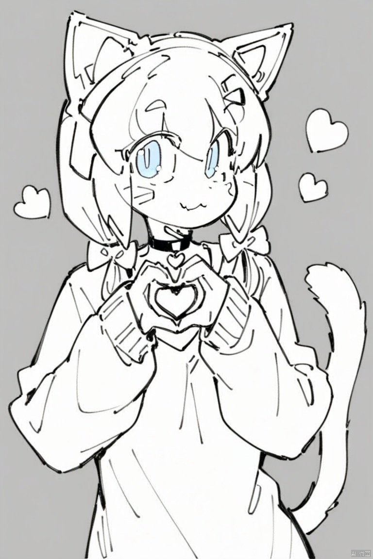 (line-drawing-style),(masterpiece,best quality),monochrome, greyscale,solo, 1girl, animal_ears, heart, solo, cat_ears, grey_hair, tail, cat_tail, hair_ornament, blue_eyes, twintails, heart_hands, looking_at_viewer, cat_girl, shirt, bangs, choker, long_sleeves, :3, black_choker, closed_mouth, smile, white_shirt, hairclip, bow, fang, sleeves_past_wrists, long_hair, upper_body, low_twintails, tail_raised, hair_bow, striped<, ears down,source_furry