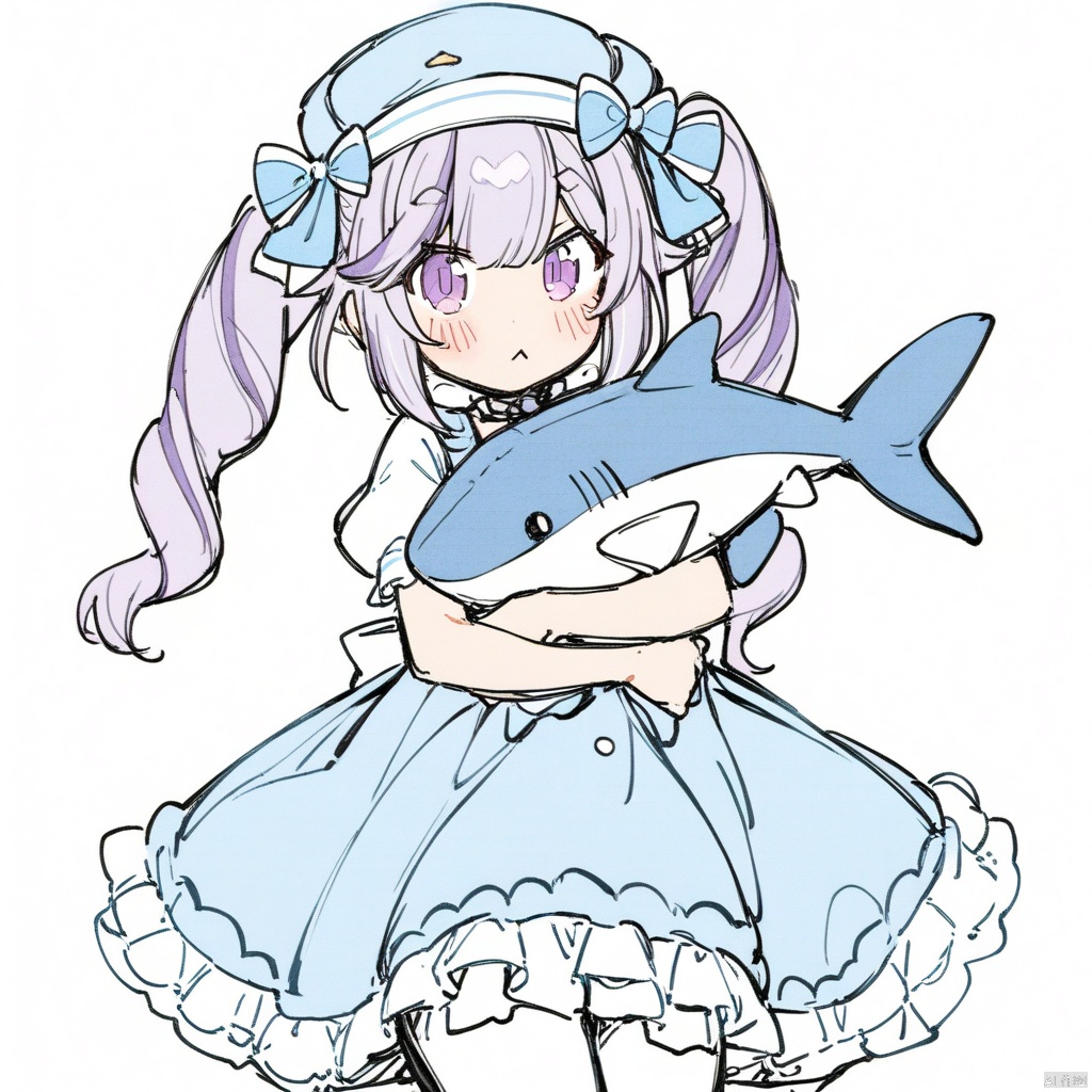 line-drawing-style,(masterpiece,best quality),1girl, 
amashiro natsuki, 
bow, stuffed toy, hat, frilled dress, solo, purple hair, blue dress, :<, closed mouth, virtual youtuber, short sleeves, stuffed shark, stuffed animal, twintails, long hair, blue hat, simple background, streaked hair, purple eyes, hugging object, puffy short sleeves, pantyhose, hair bow, white background, blush, looking at viewer, blue hair, dress, blue bow, white pantyhose, multicolored hair, puffy sleeves, frills, 