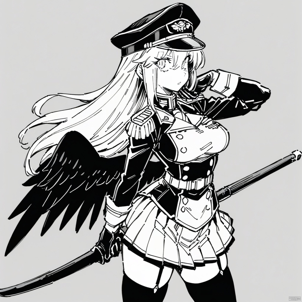 (line-drawing-style),(masterpiece,best quality),monochrome, greyscale,1girl, hat, thighhighs, holding, solo, gloves, black gloves, wings, looking at viewer, skirt, epaulettes, military, military uniform, garter straps, black wings, uniform, long sleeves, black thighhighs, weapon, long hair, belt, military hat, blurry background, parted lips, grey eyes, holding weapon, black headwear, cowboy shot, breasts, blurry, white hair, pleated skirt, black jacket