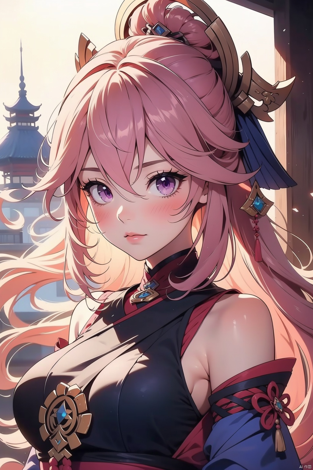 yae miko, 1girl, solo, breasts, pink hair, purple eyes, long hair, looking at viewer, detached sleeves, hair between eyes, bare shoulders, wide sleeves, japanese clothes, large breasts, hair ornament, upper body, bangs, closed mouth, vision \(genshin impact\), long sleeves, blush, jewelry,