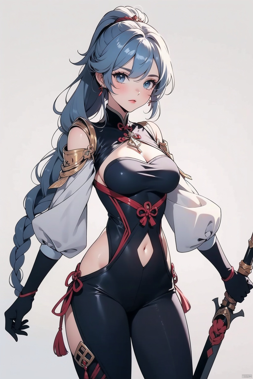 shenhe, 1girl, shenhe \(genshin impact\), solo, weapon, long hair, covered navel, breast curtain, hair over one eye, breasts, bodysuit, hip vent, braid, tassel, polearm, hair ornament, large breasts, shoulder cutout, looking at viewer, grey hair, braided ponytail, blue eyes, clothing cutout, tassel earrings, black bodysuit, bangs, very long hair, jewelry, earrings, closed mouth, cowboy shot, gloves, holding, holding weapon, blush, puffy long sleeves, grey background, simple background, puffy sleeves