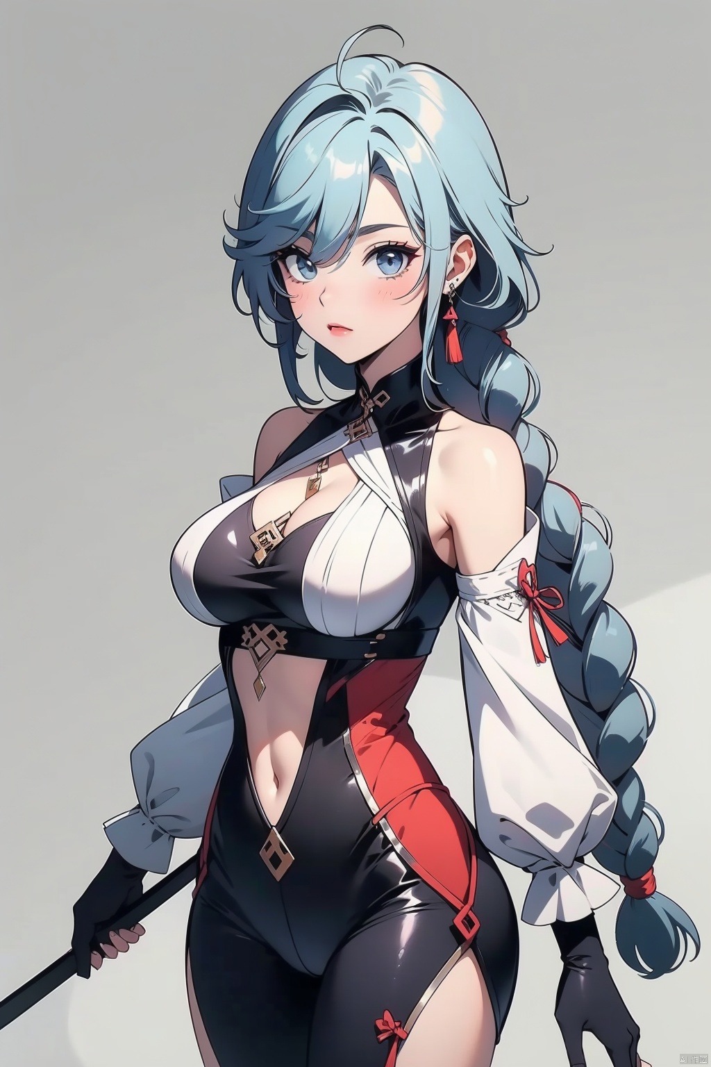 shenhe, 1girl, shenhe \(genshin impact\), solo, weapon, long hair, covered navel, breast curtain, hair over one eye, breasts, bodysuit, hip vent, braid, tassel, polearm, hair ornament, large breasts, shoulder cutout, looking at viewer, grey hair, braided ponytail, blue eyes, clothing cutout, tassel earrings, black bodysuit, bangs, very long hair, jewelry, earrings, closed mouth, cowboy shot, gloves, holding, holding weapon, blush, puffy long sleeves, grey background, simple background, puffy sleeves
