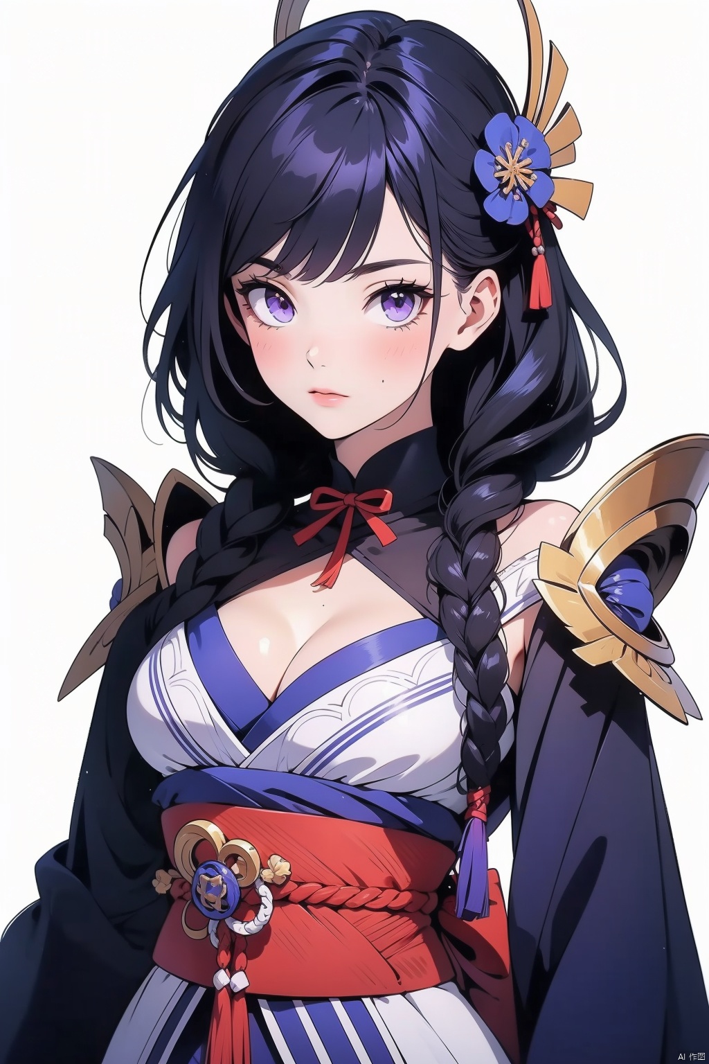 raiden shogun, solo, 1girl, breasts, japanese clothes, purple eyes, hair ornament, long hair, purple hair, kimono, sash, obi, cleavage, obiage, looking at viewer, bangs, flower, simple background, white background, obijime, shoulder armor, purple flower, ribbon, armor, braid, tassel, closed mouth, mole under eye, long sleeves, mole