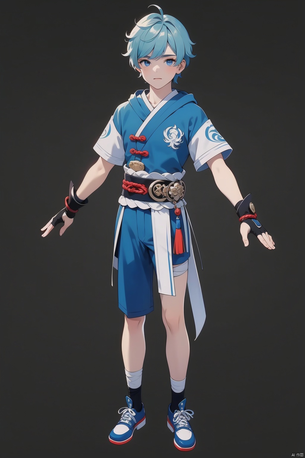 chongyun, chongyun \(genshin impact\), 1boy, male focus, solo, blue eyes, blue hair, simple background, gloves, chinese clothes, bandages, fingerless gloves, belt, short hair, bandaged leg, full body, hood, black background