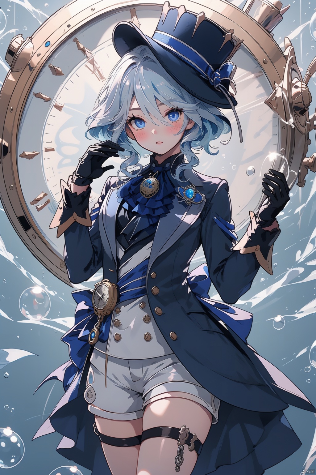  furina, gloves, solo, blue eyes, shorts, shirt, long sleeves, looking at viewer, blue hair, jacket, ascot, hands up, bow, black gloves, hat, white shirt, white gloves, bubble, brooch, bangs, hair between eyes, gears, jewelry, thigh strap, pocket watch, lapels, hat bow, watch, blue bow, androgynous, black jacket, socks, 1boy, gem, frills, male focus, shoes, white socks, black footwear, long hair, key, white shorts, blush, glint, air bubble, white ascot, eyelashes, headwear removed, medium hair, hair intakes, blue ascot, bowtie, open jacket, vision \(genshin impact\), blue gemstone, buttons, light blue hair, chain