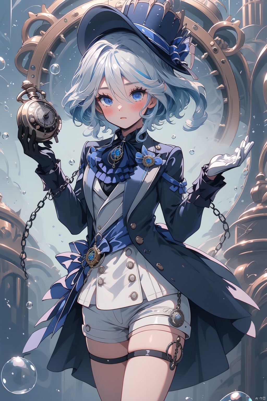 furina, gloves, solo, blue eyes, shorts, shirt, long sleeves, looking at viewer, blue hair, jacket, ascot, hands up, bow, black gloves, hat, white shirt, white gloves, bubble, brooch, bangs, hair between eyes, gears, jewelry, thigh strap, pocket watch, lapels, hat bow, watch, blue bow, androgynous, black jacket, socks, 1boy, gem, frills, male focus, shoes, white socks, black footwear, long hair, key, white shorts, blush, glint, air bubble, white ascot, eyelashes, headwear removed, medium hair, hair intakes, blue ascot, bowtie, open jacket, vision \(genshin impact\), blue gemstone, buttons, light blue hair, chain