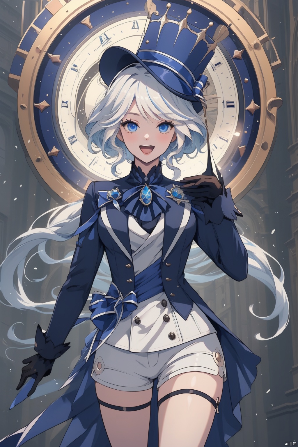  furina, 1girl, gloves, long hair, hat, blue eyes, solo, shorts, white gloves, smile, ahoge, top hat, open mouth, clock, black gloves, blue headwear, long sleeves, white hair, looking at viewer, bow, :d, very long hair, hand on own chest, shirt, bangs, cowboy shot, jacket