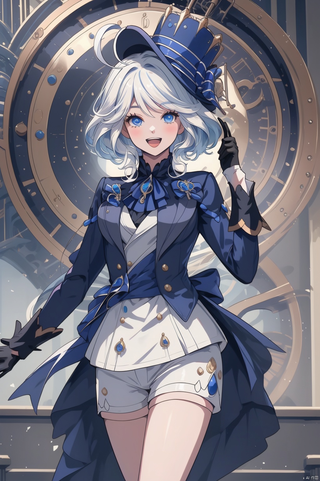 furina, 1girl, gloves, long hair, hat, blue eyes, solo, shorts, white gloves, smile, ahoge, top hat, open mouth, clock, black gloves, blue headwear, long sleeves, white hair, looking at viewer, bow, :d, very long hair, hand on own chest, shirt, bangs, cowboy shot, jacket