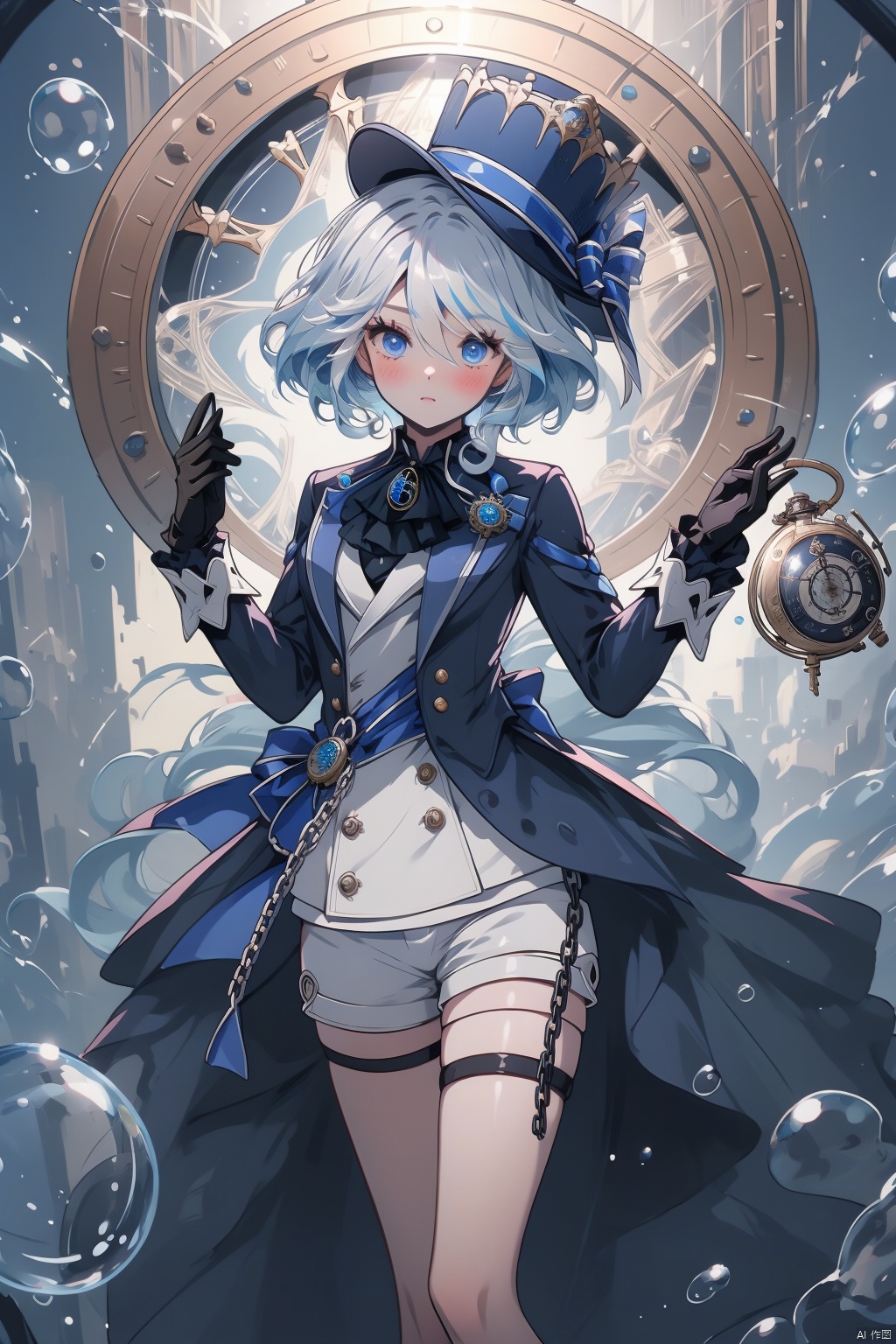  furina, gloves, solo, blue eyes, shorts, shirt, long sleeves, looking at viewer, blue hair, jacket, ascot, hands up, bow, black gloves, hat, white shirt, white gloves, bubble, brooch, bangs, hair between eyes, gears, jewelry, thigh strap, pocket watch, lapels, hat bow, watch, blue bow, androgynous, black jacket, socks, 1boy, gem, frills, male focus, shoes, white socks, black footwear, long hair, key, white shorts, blush, glint, air bubble, white ascot, eyelashes, headwear removed, medium hair, hair intakes, blue ascot, bowtie, open jacket, vision \(genshin impact\), blue gemstone, buttons, light blue hair, chain