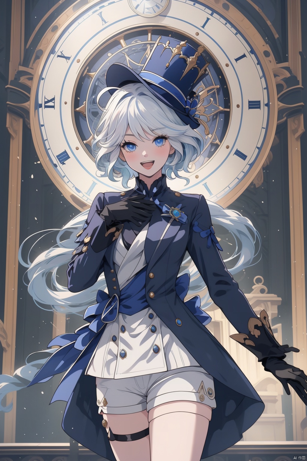  furina, 1girl, gloves, long hair, hat, blue eyes, solo, shorts, white gloves, smile, ahoge, top hat, open mouth, clock, black gloves, blue headwear, long sleeves, white hair, looking at viewer, bow, :d, very long hair, hand on own chest, shirt, bangs, cowboy shot, jacket