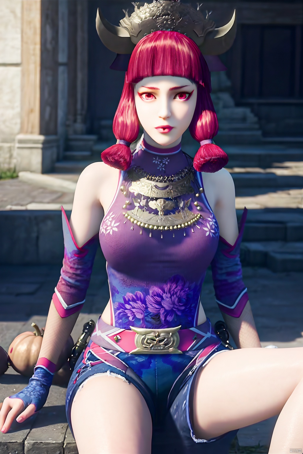 (best quality,masterpiece:1.2),ultra detailed,8k,RAW photo,realistic,photorealistic,ultra-detailed,intricate detail,extremely detailed,delicate pattern,looking atviewer,,1girl,solo,pink hair,horns,red eyes,makeup,lips point,lips tattoo,bangs,pink eyes,hair ornament,blunt bang,bare shoulders,detached sleeves,blet,shorts,fingerless gloves,gourd,sitting,