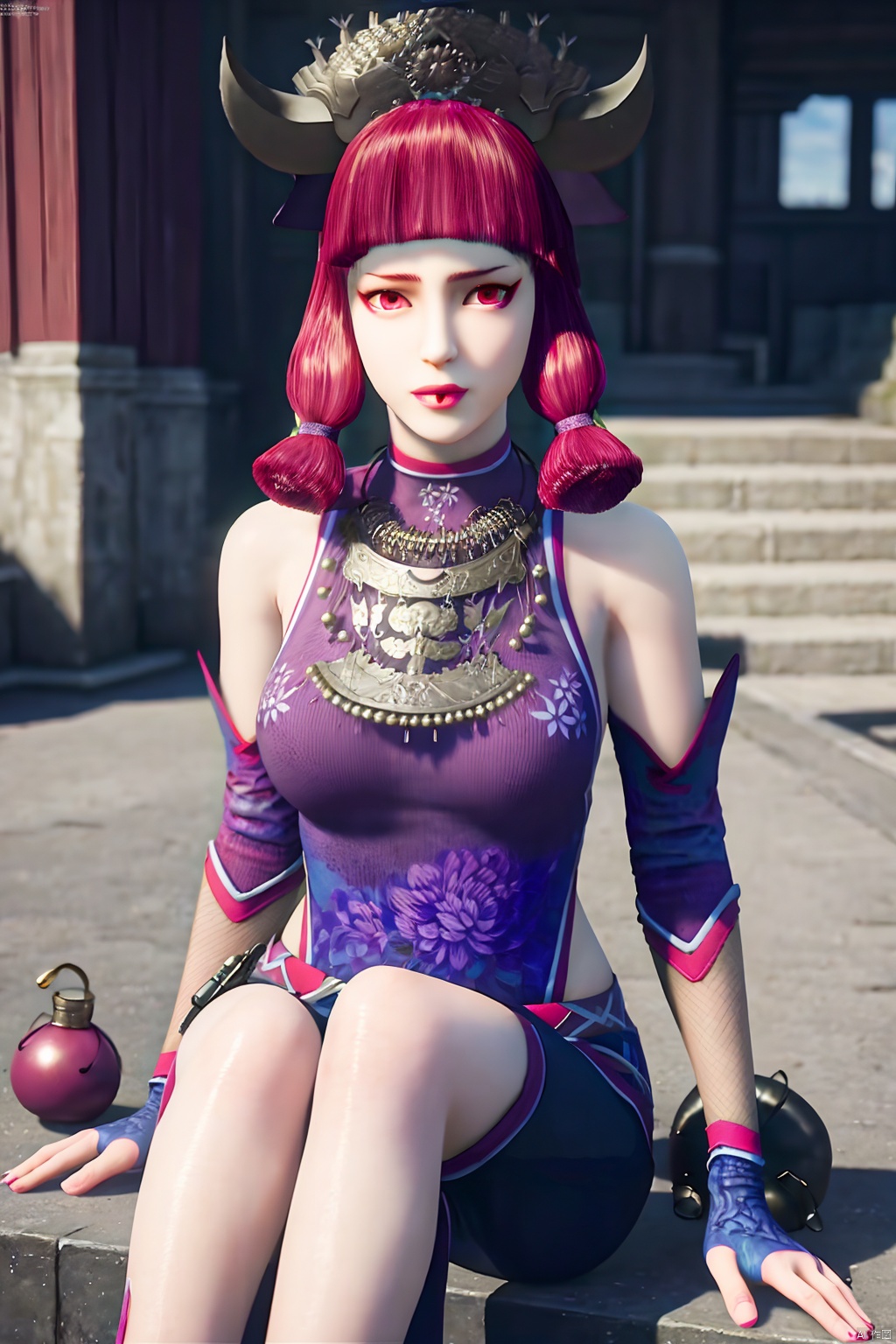 (best quality,masterpiece:1.2),ultra detailed,8k,RAW photo,realistic,photorealistic,ultra-detailed,intricate detail,extremely detailed,delicate pattern,looking atviewer,,1girl,solo,pink hair,horns,red eyes,makeup,lips point,lips tattoo,bangs,pink eyes,hair ornament,blunt bang,bare shoulders,detached sleeves,blet,shorts,fingerless gloves,gourd,sitting,
