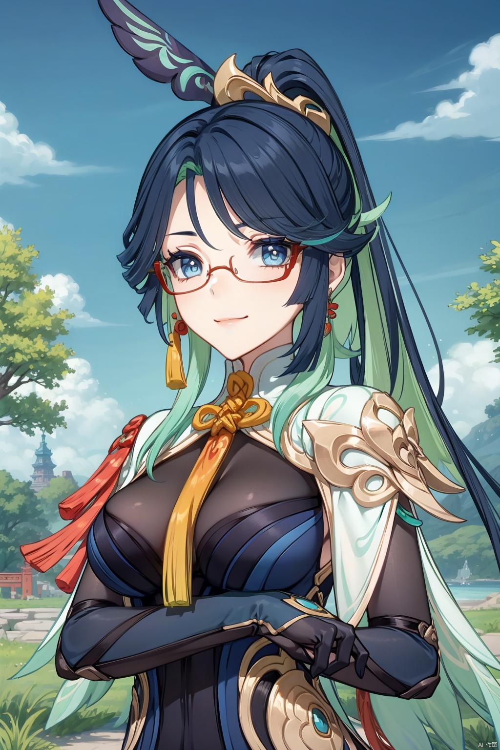  xianyun, 1girl, breasts, glasses, looking at viewer, smile, long hair, multicolored hair, tree, jewelry, chinese clothes, gloves, large breasts, black hair, earrings, outdoors, solo, sky, closed mouth, blue eyes, ponytail, hair ornament, semi-rimless eyewear, bangs, two-tone hair