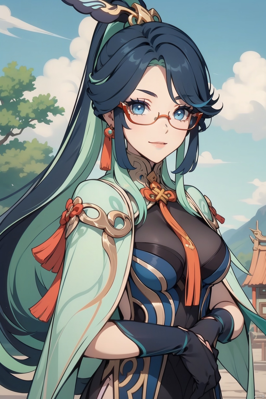  xianyun, 1girl, breasts, glasses, looking at viewer, smile, long hair, multicolored hair, tree, jewelry, chinese clothes, gloves, large breasts, black hair, earrings, outdoors, solo, sky, closed mouth, blue eyes, ponytail, hair ornament, semi-rimless eyewear, bangs, two-tone hair