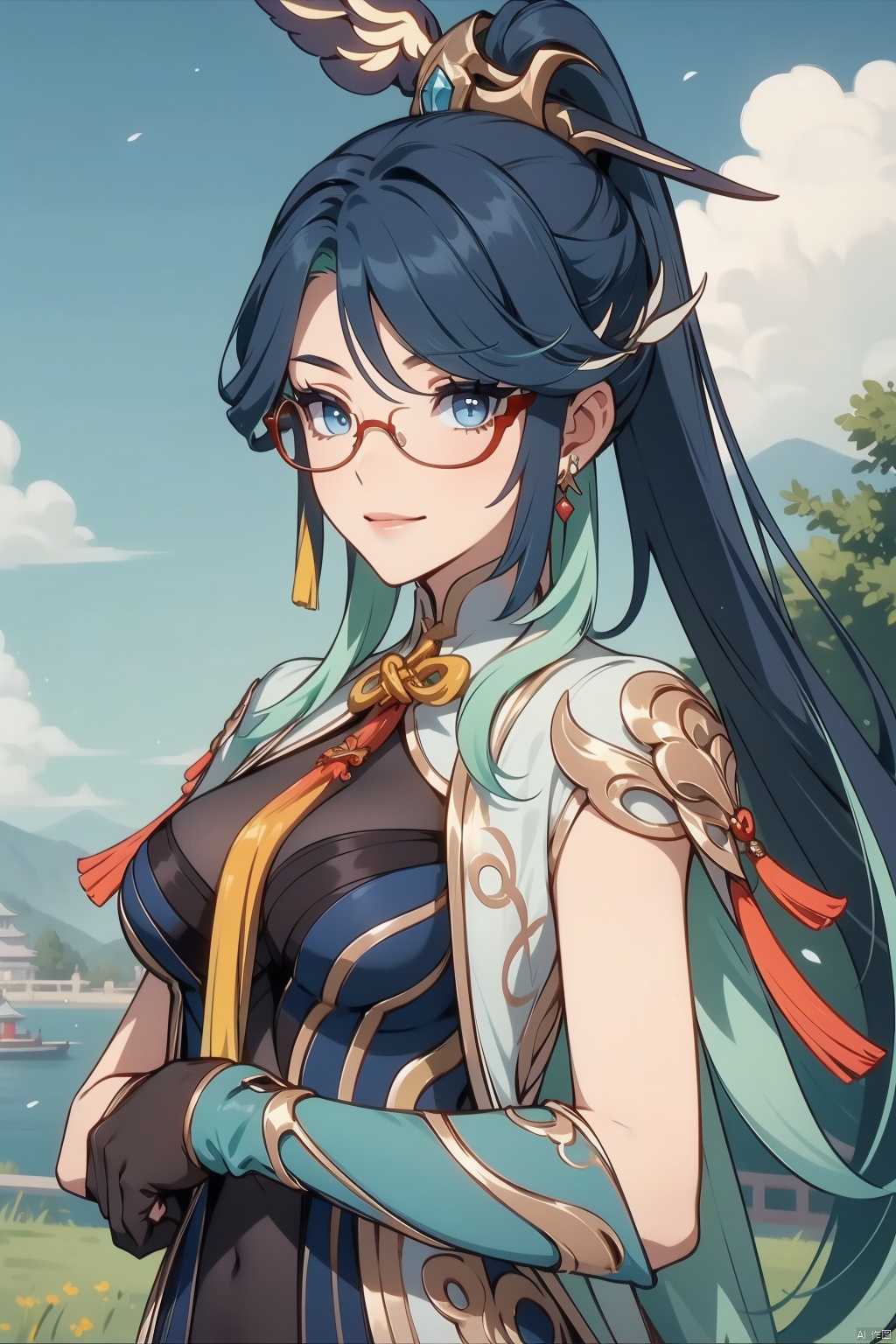  xianyun, 1girl, breasts, glasses, looking at viewer, smile, long hair, multicolored hair, tree, jewelry, chinese clothes, gloves, large breasts, black hair, earrings, outdoors, solo, sky, closed mouth, blue eyes, ponytail, hair ornament, semi-rimless eyewear, bangs, two-tone hair