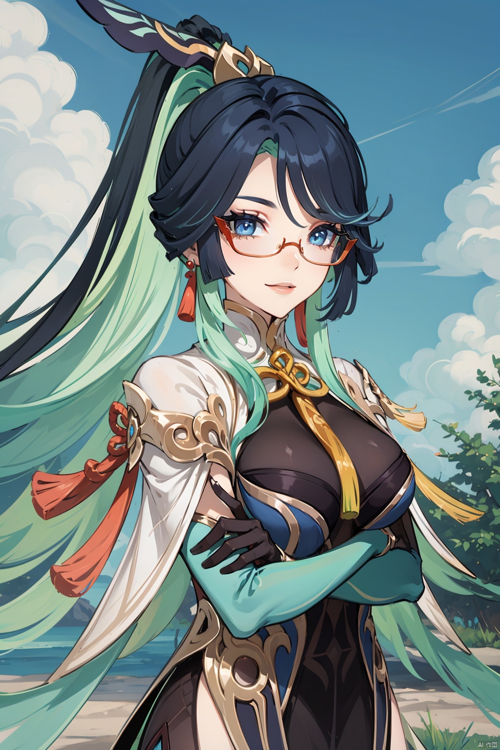  xianyun, 1girl, breasts, glasses, looking at viewer, smile, long hair, multicolored hair, tree, jewelry, chinese clothes, gloves, large breasts, black hair, earrings, outdoors, solo, sky, closed mouth, blue eyes, ponytail, hair ornament, semi-rimless eyewear, bangs, two-tone hair