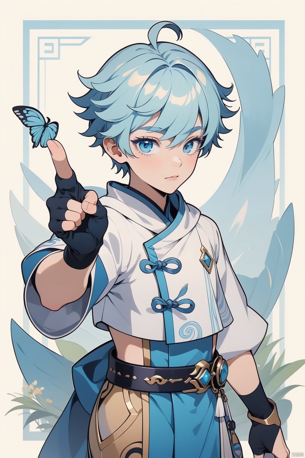 chongyun, chongyun \(genshin impact\), 1boy, male focus, blue eyes, blue hair, chinese clothes, short hair, solo, looking at viewer, gloves, bangs, male child, hair between eyes, ahoge, fingerless gloves, closed mouth, vision \(genshin impact\)