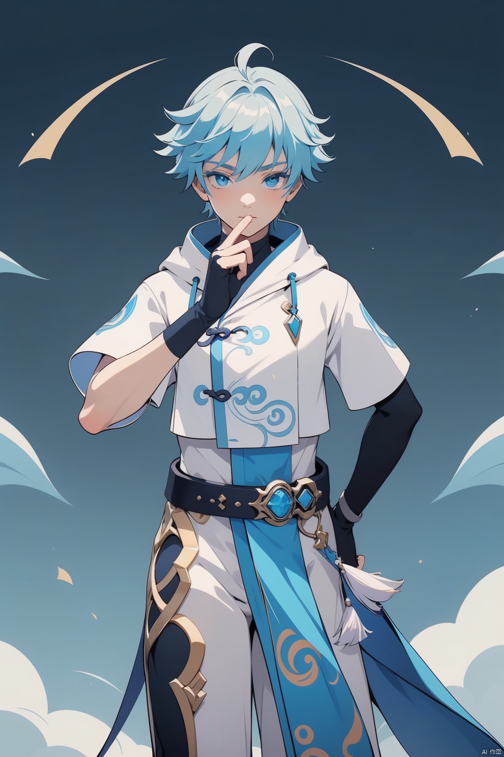 chongyun, chongyun \(genshin impact\), 1boy, male focus, blue eyes, blue hair, chinese clothes, short hair, solo, looking at viewer, gloves, bangs, male child, hair between eyes, ahoge, fingerless gloves, closed mouth, vision \(genshin impact\)