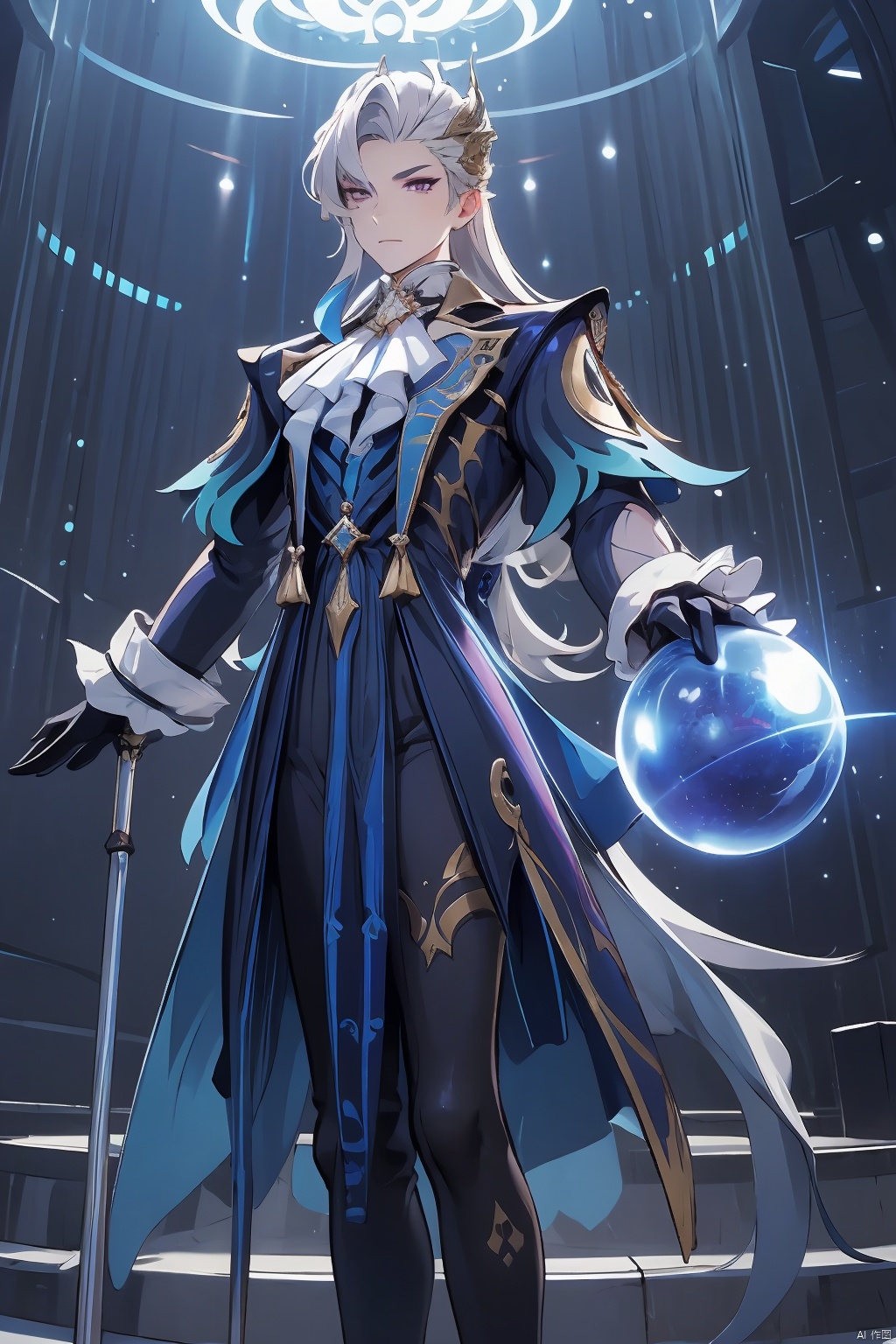 neuvillette, 1boy, solo, male focus, gloves, pants, white ascot, black pants, purple eyes, looking at viewer, ascot, multicolored hair, chinese text, long hair, feet out of frame, black gloves, grey hair, white hair, asymmetrical bangs, coat, cane, long sleeves, standing, closed mouth, brooch, hair ornament, mixed-language text, gem, hair between eyes, orb