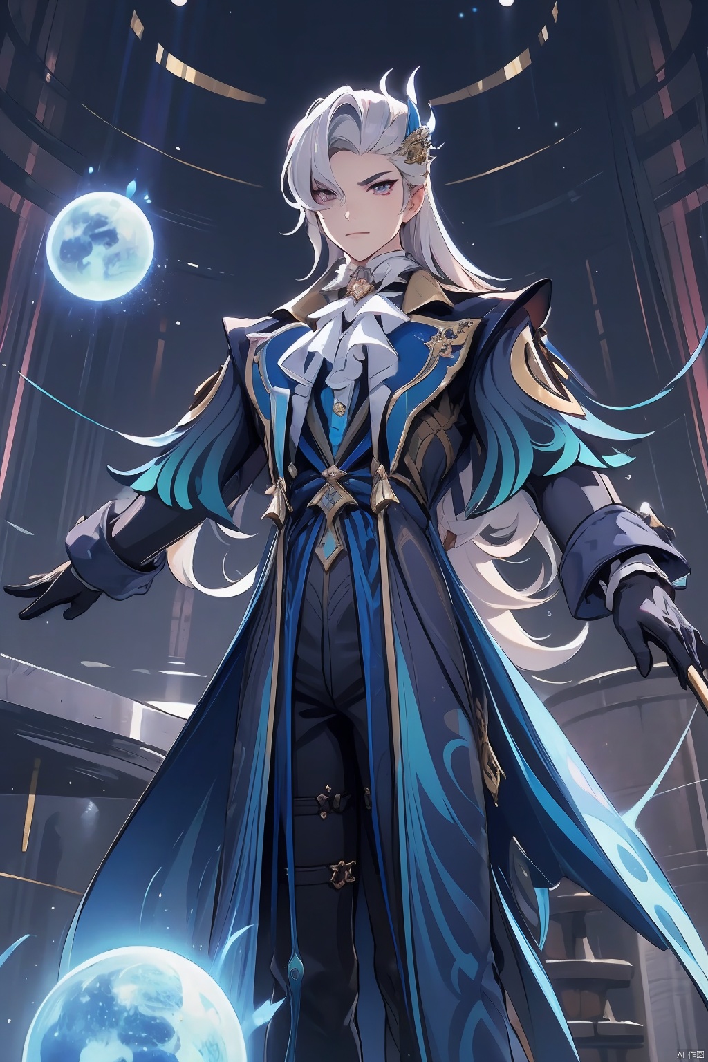 neuvillette, 1boy, solo, male focus, gloves, pants, white ascot, black pants, purple eyes, looking at viewer, ascot, multicolored hair, chinese text, long hair, feet out of frame, black gloves, grey hair, white hair, asymmetrical bangs, coat, cane, long sleeves, standing, closed mouth, brooch, hair ornament, mixed-language text, gem, hair between eyes, orb