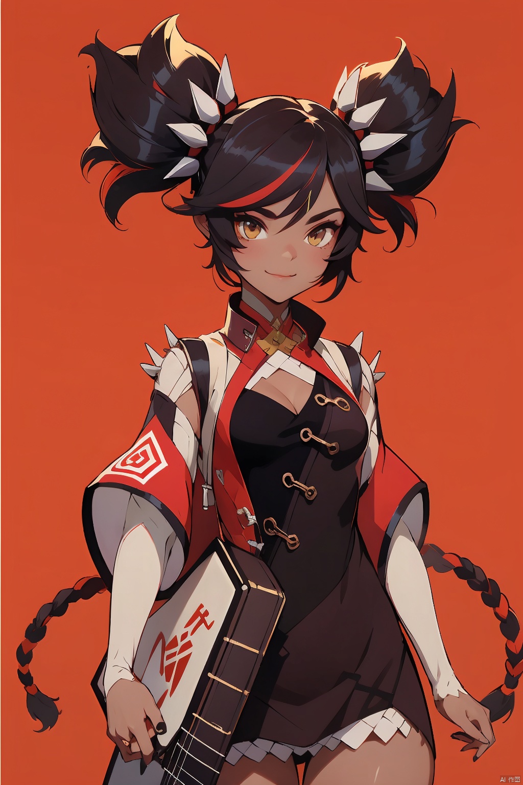xinyan, 1girl, instrument, solo, dark-skinned female, holding instrument, dark skin, multicolored hair, looking at viewer, yellow eyes, black hair, twintails, breasts, holding, smile, two-tone background, spikes, streaked hair, guitar, bangs, cleavage, red hair, braid, black nails, chinese clothes, red background, detached sleeves, simple background, shoulder spikes, dress