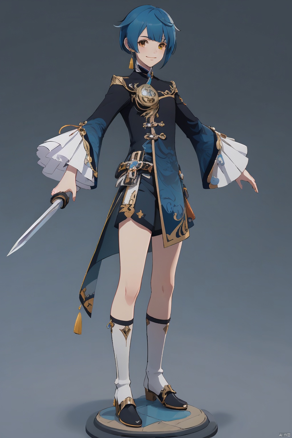 xingqiu, xingqiu \(genshin impact\), 1boy, male focus, weapon, solo, blue hair, sword, holding, jewelry, shorts, frills, single earring, frilled sleeves, earrings, long sleeves, holding weapon, boots, holding sword, chinese clothes, bangs, blue shorts, looking at viewer, water, tassel earrings, smile, closed mouth, tassel, short hair, standing, wide sleeves, full body, shirt, asymmetrical bangs, yellow eyes, white footwear, frilled shirt collar, simple background, black shorts
