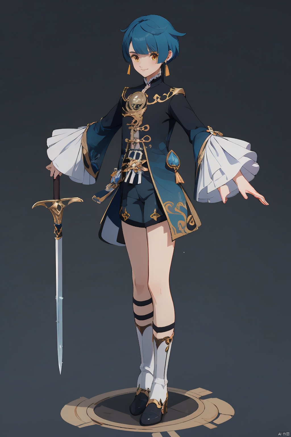 xingqiu, xingqiu \(genshin impact\), 1boy, male focus, weapon, solo, blue hair, sword, holding, jewelry, shorts, frills, single earring, frilled sleeves, earrings, long sleeves, holding weapon, boots, holding sword, chinese clothes, bangs, blue shorts, looking at viewer, water, tassel earrings, smile, closed mouth, tassel, short hair, standing, wide sleeves, full body, shirt, asymmetrical bangs, yellow eyes, white footwear, frilled shirt collar, simple background, black shorts