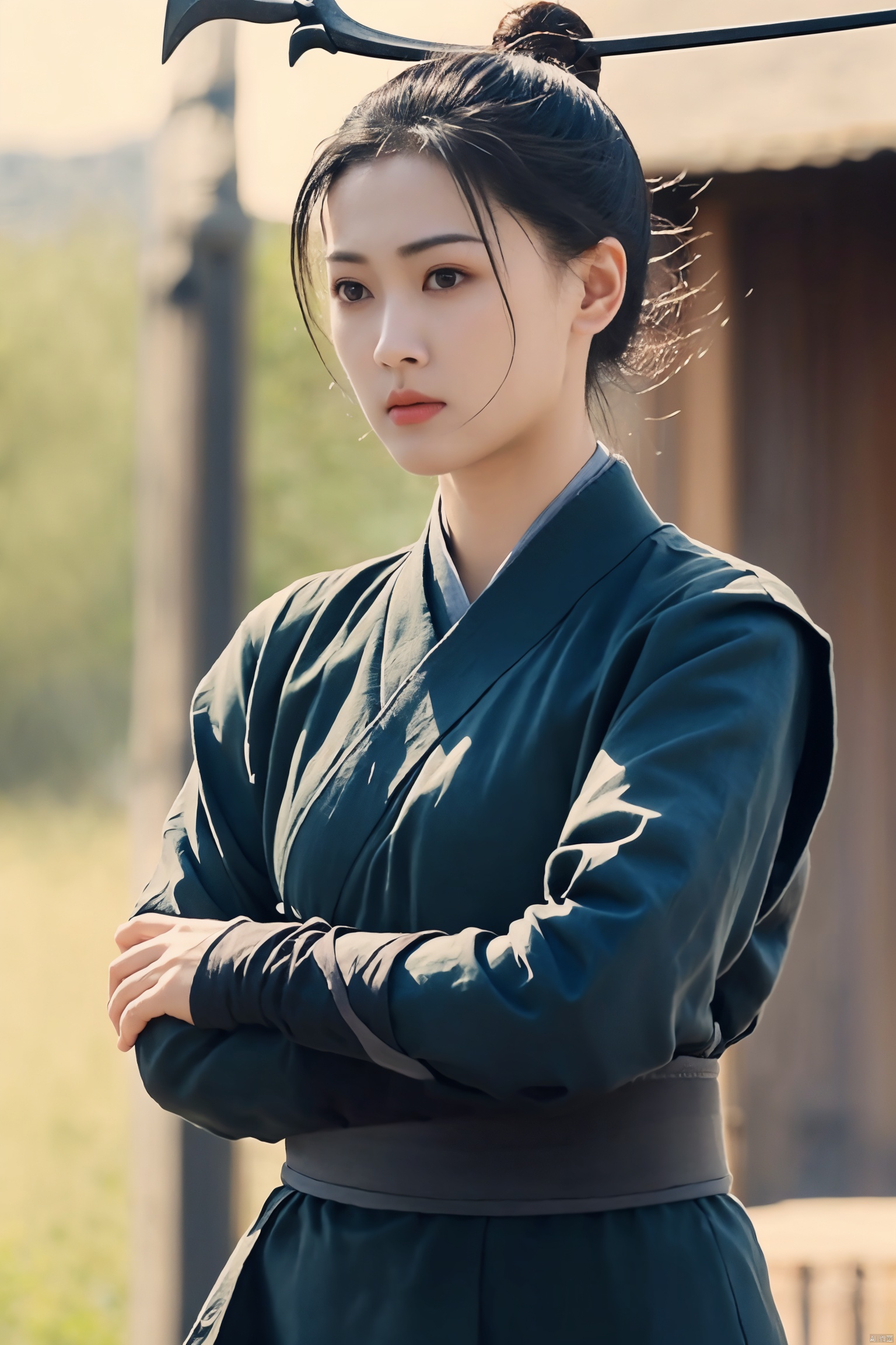 solo, crossed_arms, 1girl, blurry, weapon, japanese_clothes, black_hair, blurry_background, brown_eyes