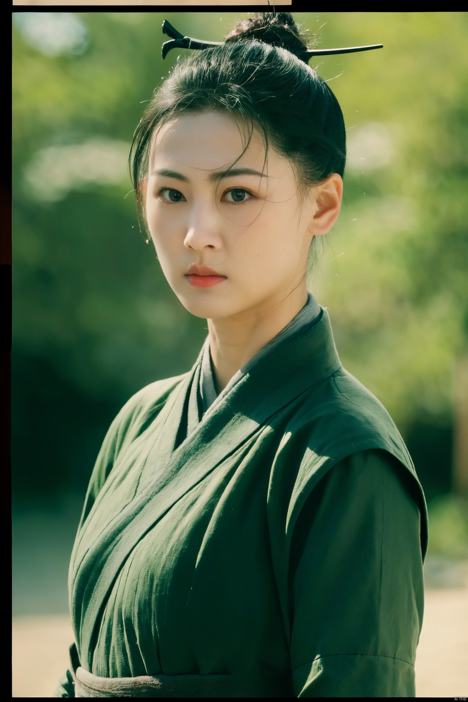 blurry, solo, japanese_clothes, blurry_background, depth_of_field, beach, kimono, looking_at_viewer, upper_body, outdoors, black_hair, 1girl, realistic,( chiaroscuro,Fujicolor, UHD, super detail ,raw,85mm,f/1.2,FujifilmXT4,),