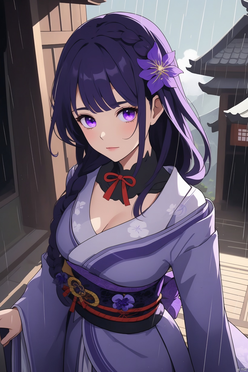 raiden shogun, 1girl, breasts, rain, solo, purple eyes, long hair, purple hair, cleavage, japanese clothes, hair ornament, braid, mole, mole under eye, looking at viewer, sash, kimono, bangs, obi, purple flower, obiage, flower, closed mouth, long sleeves, large breasts, obijime, tassel, ribbon, from above, wide sleeves, tomoe \(symbol\), architecture