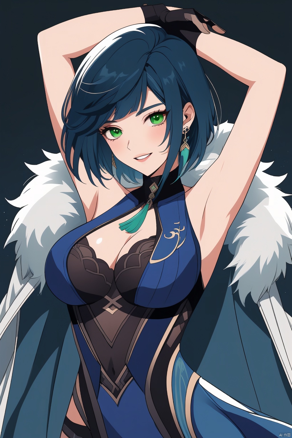 yelan, 1girl, yelan \(genshin impact\), breasts, dice, solo, gloves, short hair, green eyes, cleavage, armpits, large breasts, looking at viewer, bangs, diagonal bangs, jewelry, blue hair, white jacket, asymmetrical gloves, mole on breast, fur trim, mismatched gloves, jacket, fingerless gloves, white gloves, mole, smile, bare shoulders, dress, jacket on shoulders, bob cut, blue dress, pelvic curtain, vision \(genshin impact\), parted lips, multicolored hair, fur-trimmed jacket, bracelet, earrings, neck tassel, black hair, neck ring, tassel, clothing cutout, cleavage cutout, elbow gloves, sleeveless, arm up