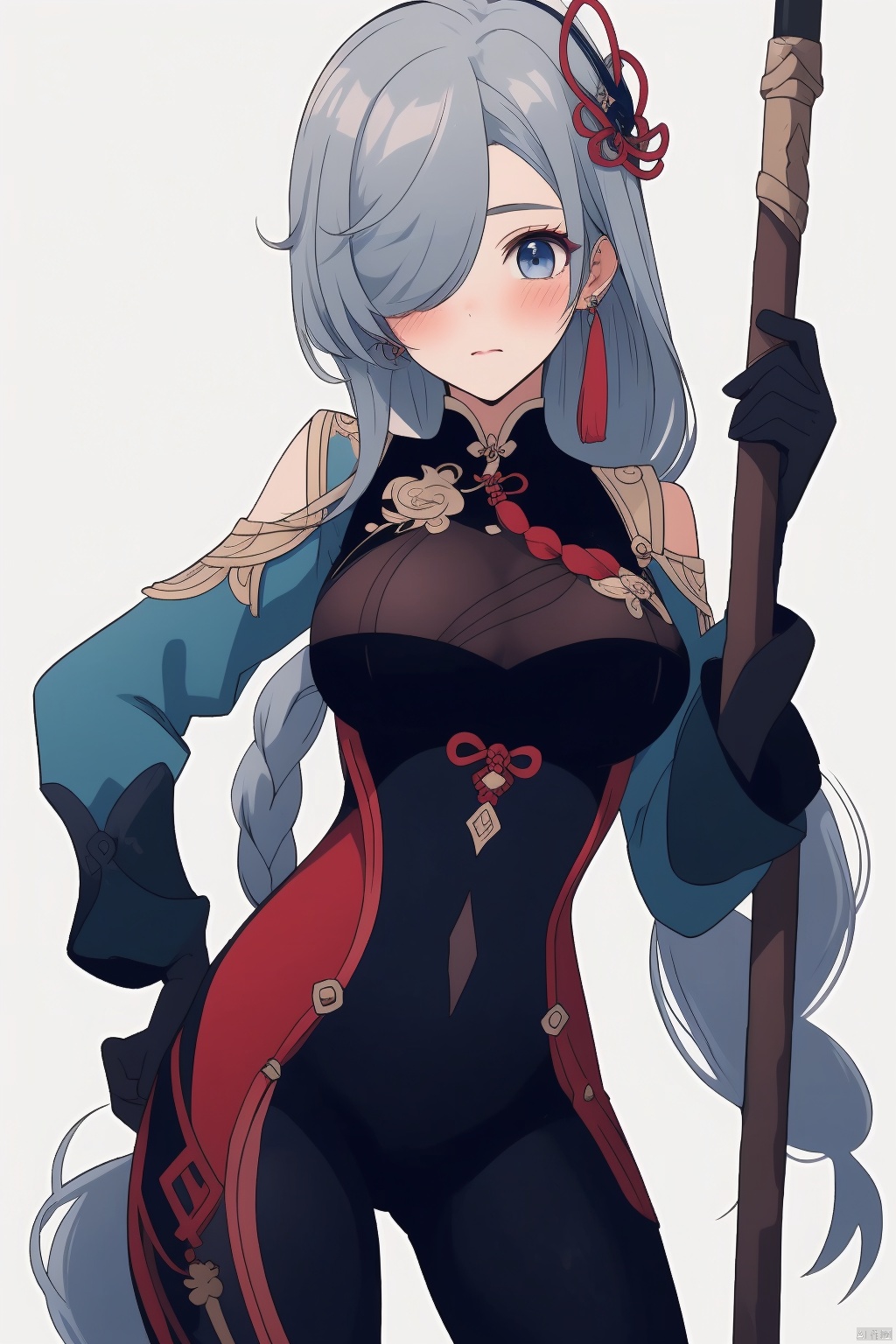 shenhe, 1girl, shenhe \(genshin impact\), solo, weapon, long hair, covered navel, breast curtain, hair over one eye, breasts, bodysuit, hip vent, braid, tassel, polearm, hair ornament, large breasts, shoulder cutout, looking at viewer, grey hair, braided ponytail, blue eyes, clothing cutout, tassel earrings, black bodysuit, bangs, very long hair, jewelry, earrings, closed mouth, cowboy shot, gloves, holding, holding weapon, blush, puffy long sleeves, grey background, simple background, puffy sleeves