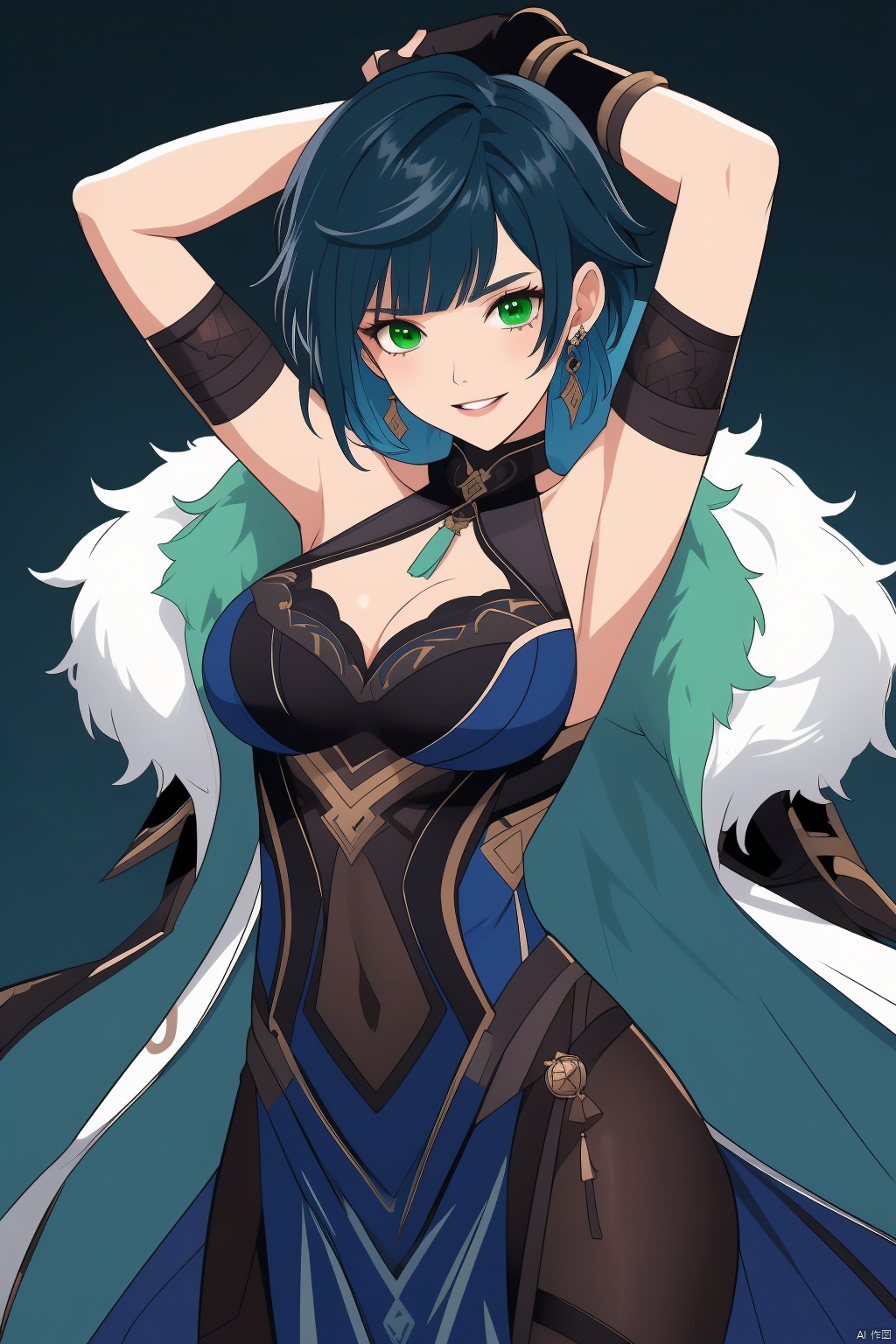 yelan, 1girl, yelan \(genshin impact\), breasts, dice, solo, gloves, short hair, green eyes, cleavage, armpits, large breasts, looking at viewer, bangs, diagonal bangs, jewelry, blue hair, white jacket, asymmetrical gloves, mole on breast, fur trim, mismatched gloves, jacket, fingerless gloves, white gloves, mole, smile, bare shoulders, dress, jacket on shoulders, bob cut, blue dress, pelvic curtain, vision \(genshin impact\), parted lips, multicolored hair, fur-trimmed jacket, bracelet, earrings, neck tassel, black hair, neck ring, tassel, clothing cutout, cleavage cutout, elbow gloves, sleeveless, arm up