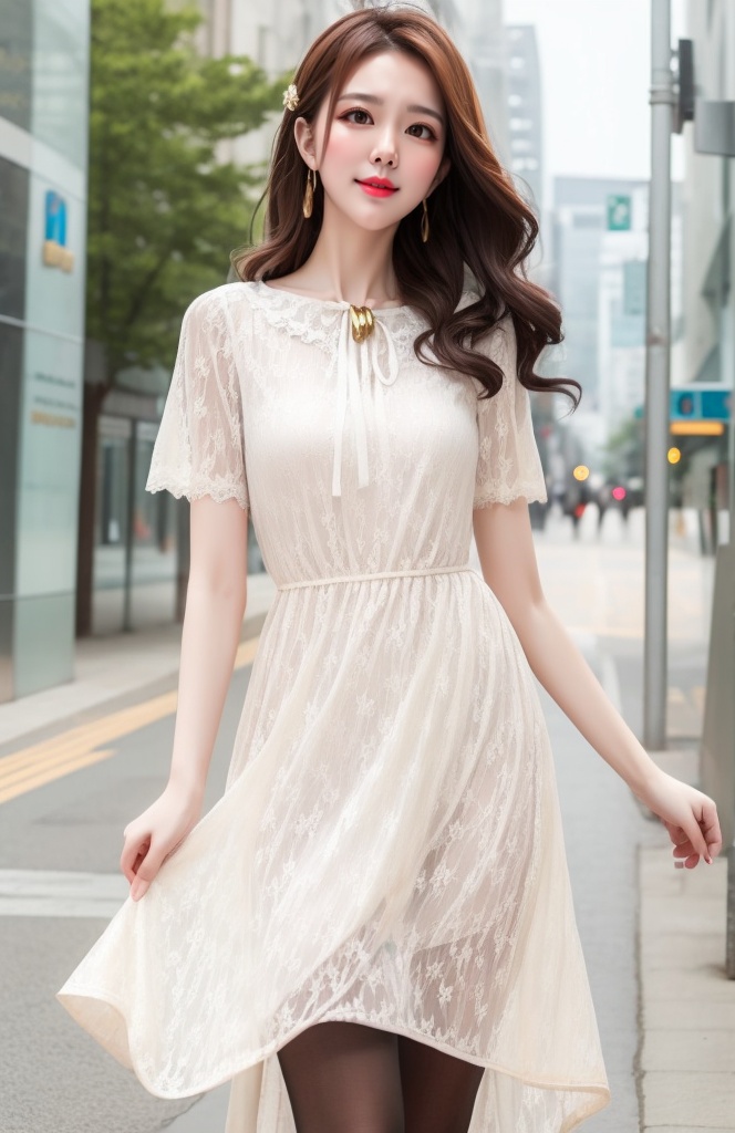 1 beautifu lady with curvy shape,  joyful,  wearing (white dress) on Tensor.Art