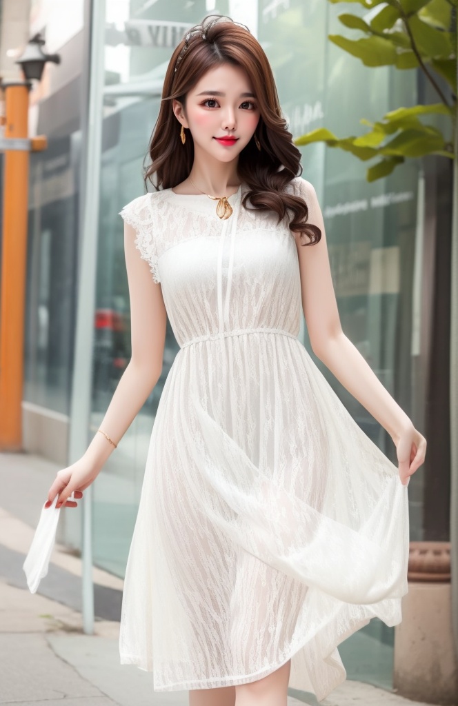 1 beautifu lady with curvy shape,  joyful,  wearing (white dress) on Tensor.Art