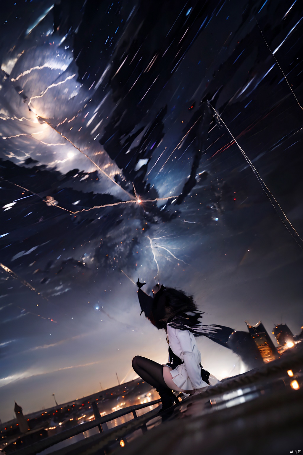  1girl,lolita,full body,dress,beret,beautiful detailed glow,sit_on_bench,(mary_janes),from_side,looking_away,white_pantyhose,detailed ice,beautiful detailed water,(floating palaces:1.2),(starry tornado:1.4),starry Nebula,beautiful detailed sky,lace,fine_fabric_emphasis,shiny long hair,blue white skirt,(short skirt),black Headdress,bowknot,(hair ornament),(hair flower),Lace,cross-laced footwear,ribbon-trimmed sleeves,building architecture,(gothic architecture),starry sky,outdoors,(castle), nipple clamps
