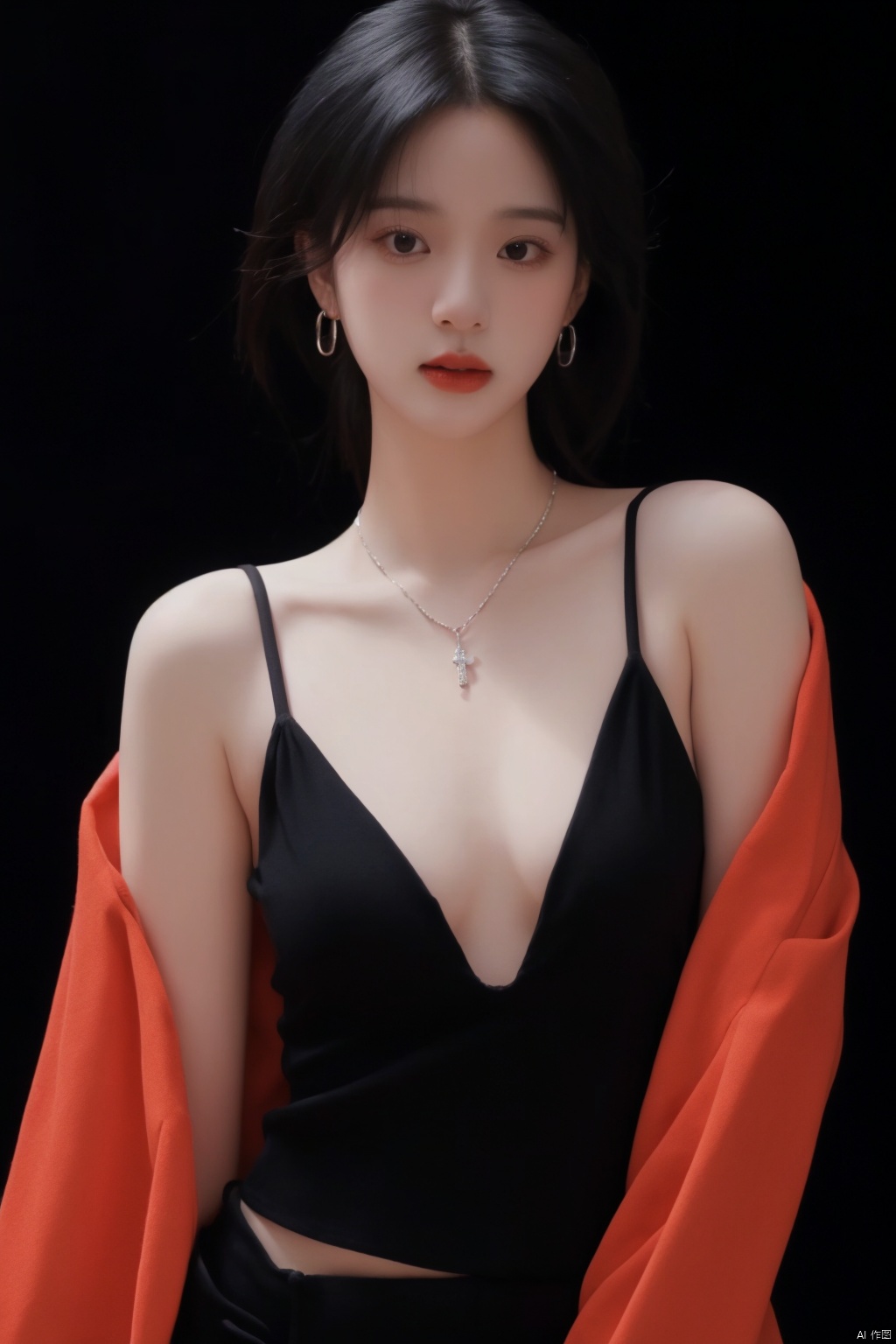  (realistic:1.5) ,highly detailed skin,1girl,thin lips , big eyes ,slender figure,portrait,long messy hair ,(natural skin:1.5) , (flat chest:1.2),thin waist , (black background:1.5) ,necklace ,earrings, nana