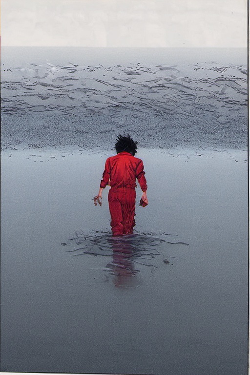 Comic panel illustration. Close up of Man walking through the water. Greay shirt with a ragged red scarf,  back view,  aki...