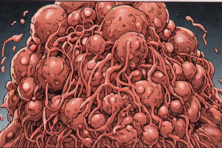 Comic panel illustration of gigantic cancerous mass of human flesh,  akira style on Tensor.Art