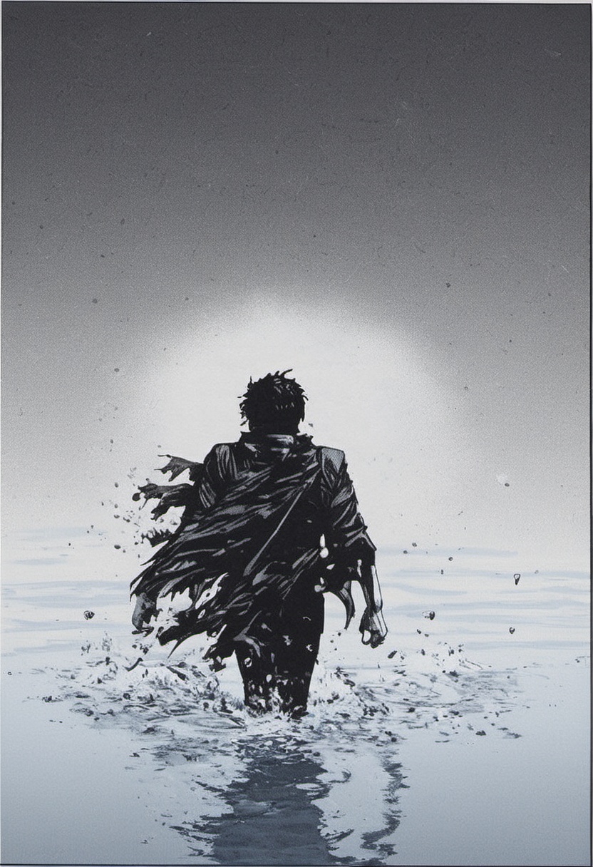 a black and white comic book illustration of a man walking through the water with a ragged scarf ,  style akirabw on Tenso...