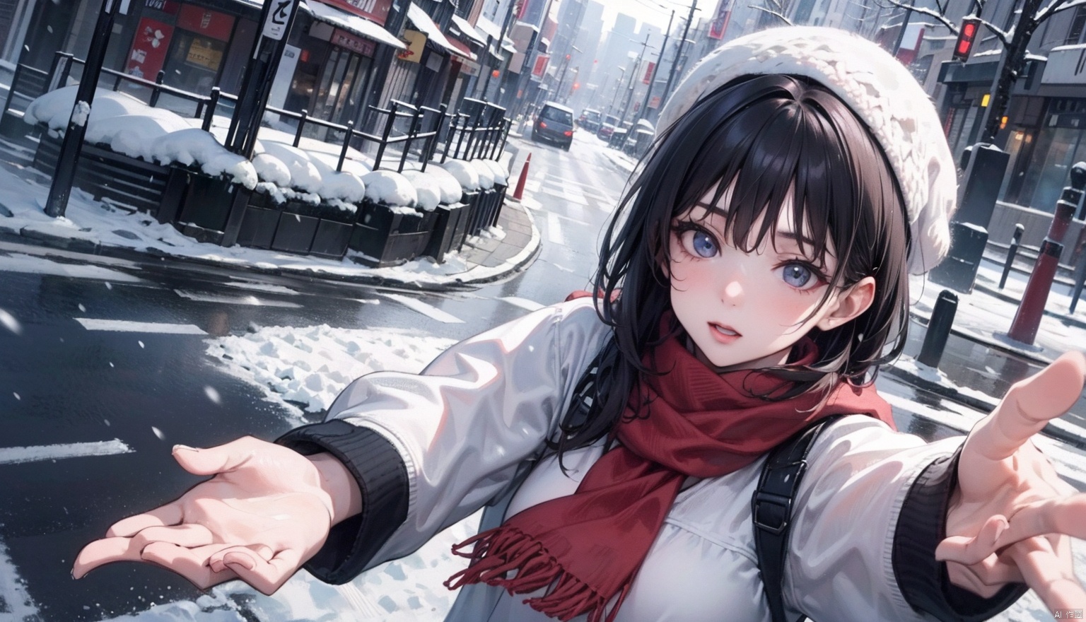  1girl,Exaggerated perspective,upper body,ultra wide shot,reaching out hand,foreshortening,on the tokyo street,realistic,highres,female focus,solo,snowy day,scarf,hat,flying snow,fish-eye len,fish eye low angle,POV,CLOSE UP SELFIE, depth of field