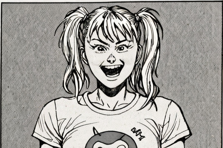 a black and white comic book illustration of a woman,  cropped torso,  happiness expression on Tensor.Art