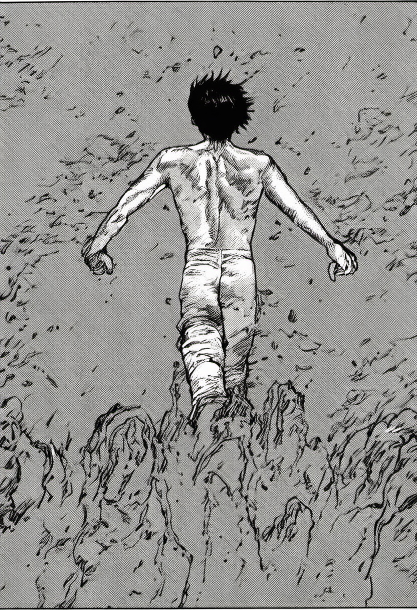 B & W comic book illustration. Closeup of a man walking through the water. He is wearing ragged scarf,  style akirabw on T...